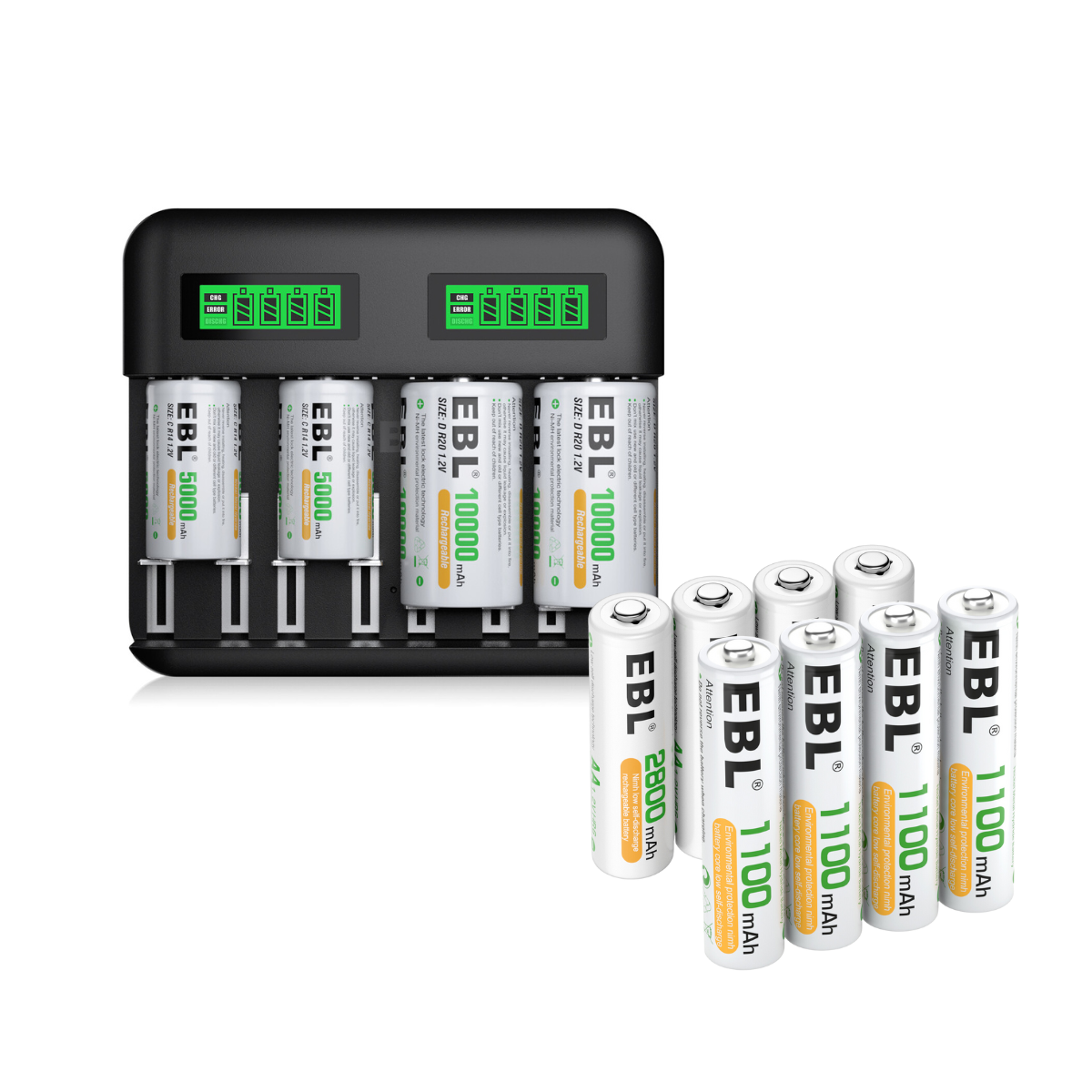 EBL D Cell 10000mAh Rechargeable Batteries (4 Pack) + Battery Charger for C  D 9V AA AAA Ni-CD Ni-MH Batteries 