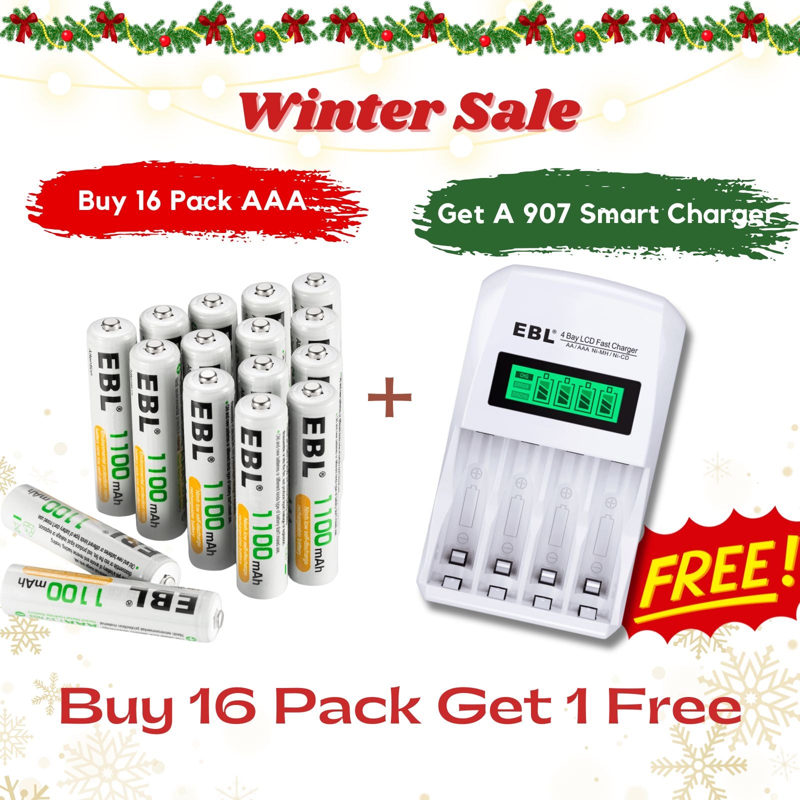 【Winter Sale】EBL 16 Pack NIMH AA AAA Rechargeable Batteries