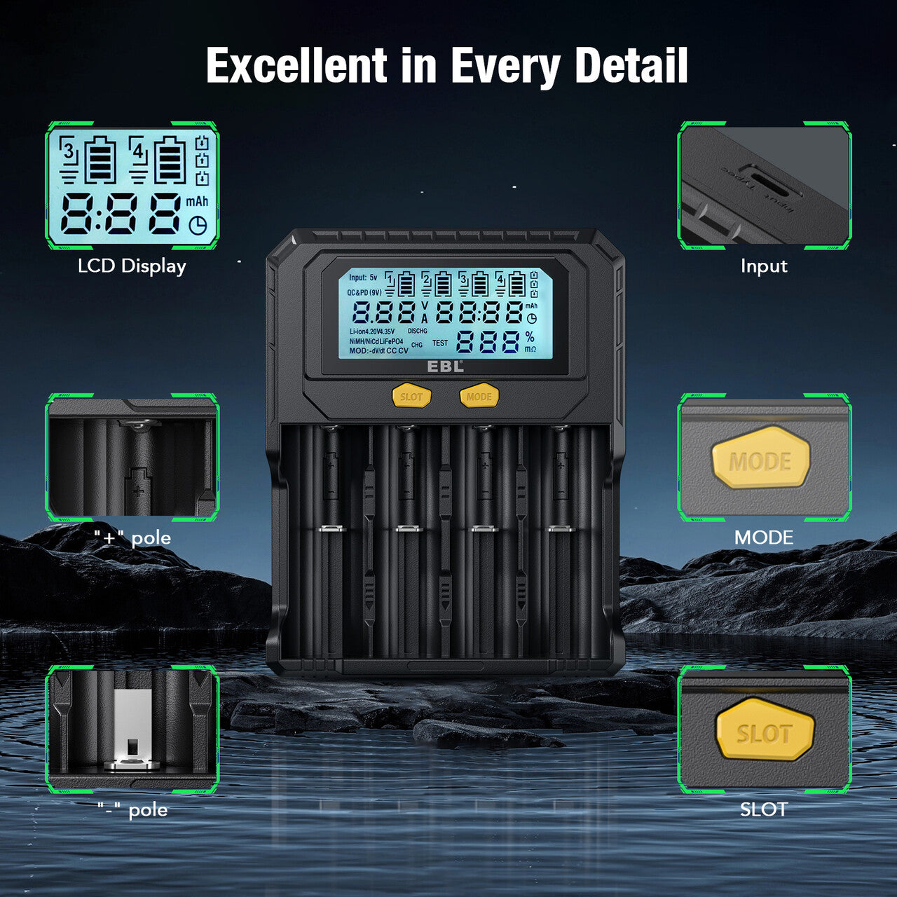 EBL 18650 Battery Charger with Discharge & Testing Functions