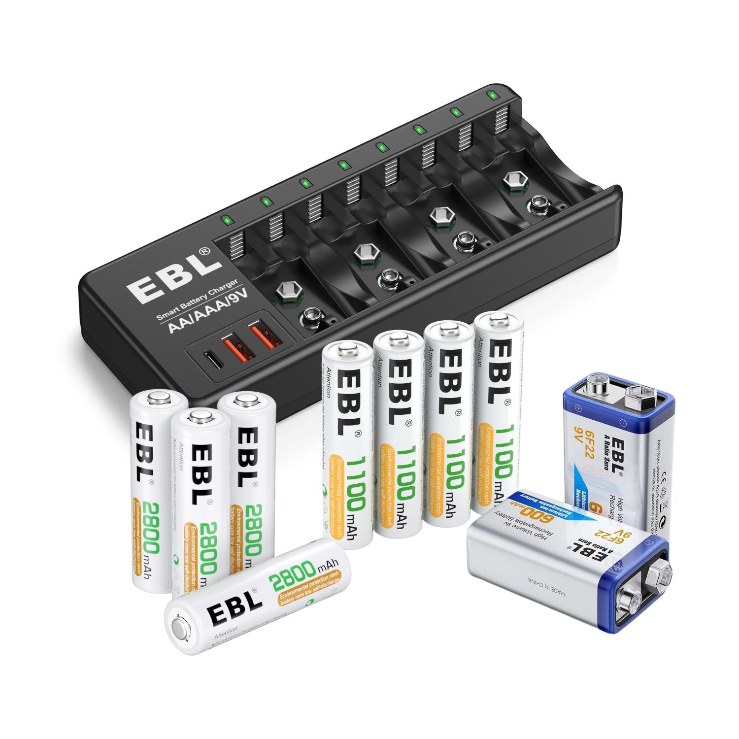 EBL AA AAA 9V Individual Battery Charger with AA AAA 9V Batteries