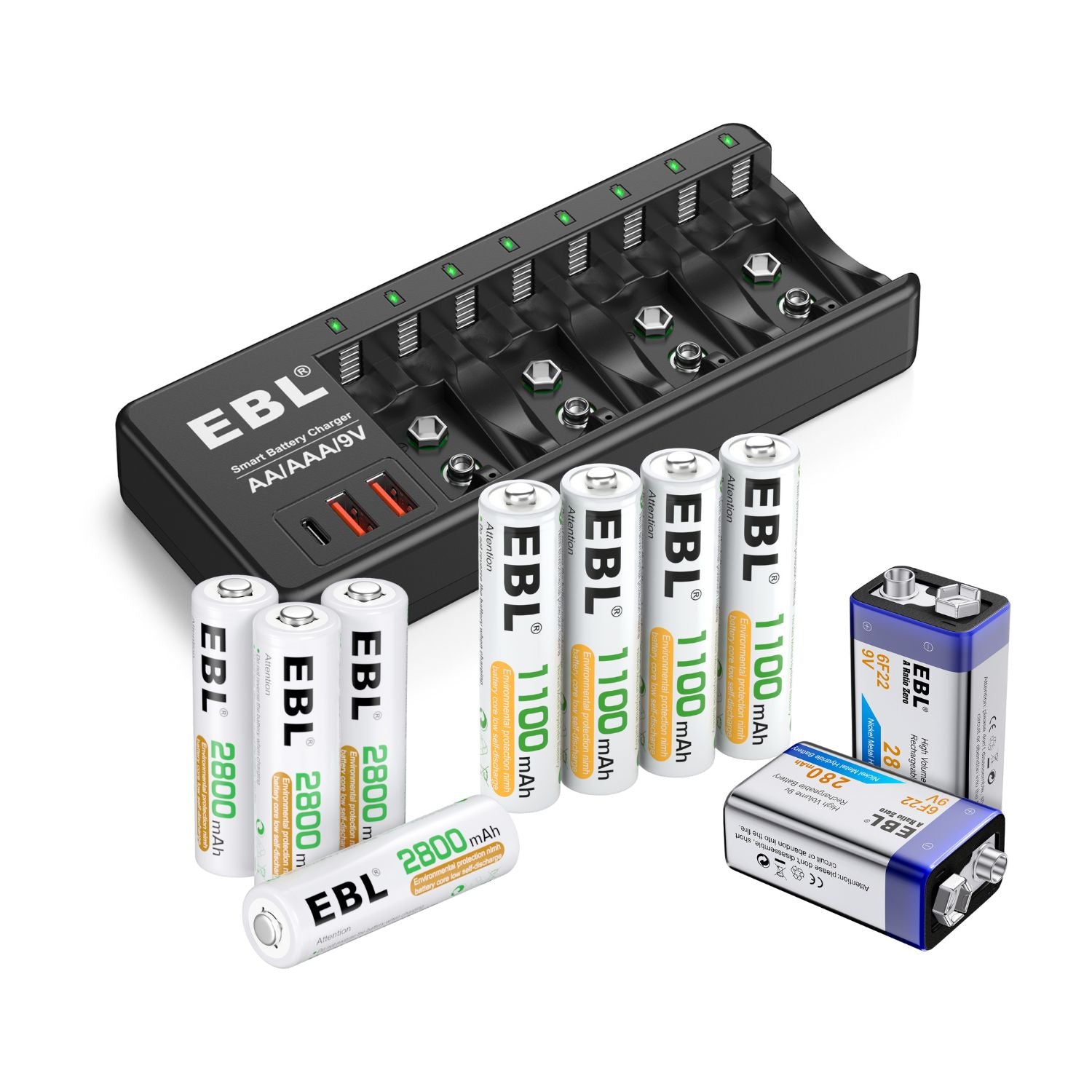 EBL AA AAA 9V Individual Battery Charger with AA AAA 9V Batteries