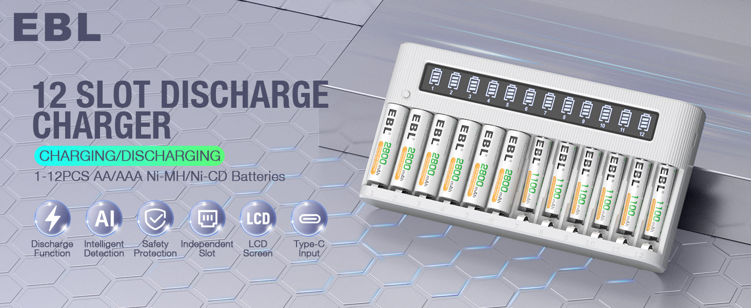 EBL AA AAA Battery Charger 12-Bay Independent LCD Charger