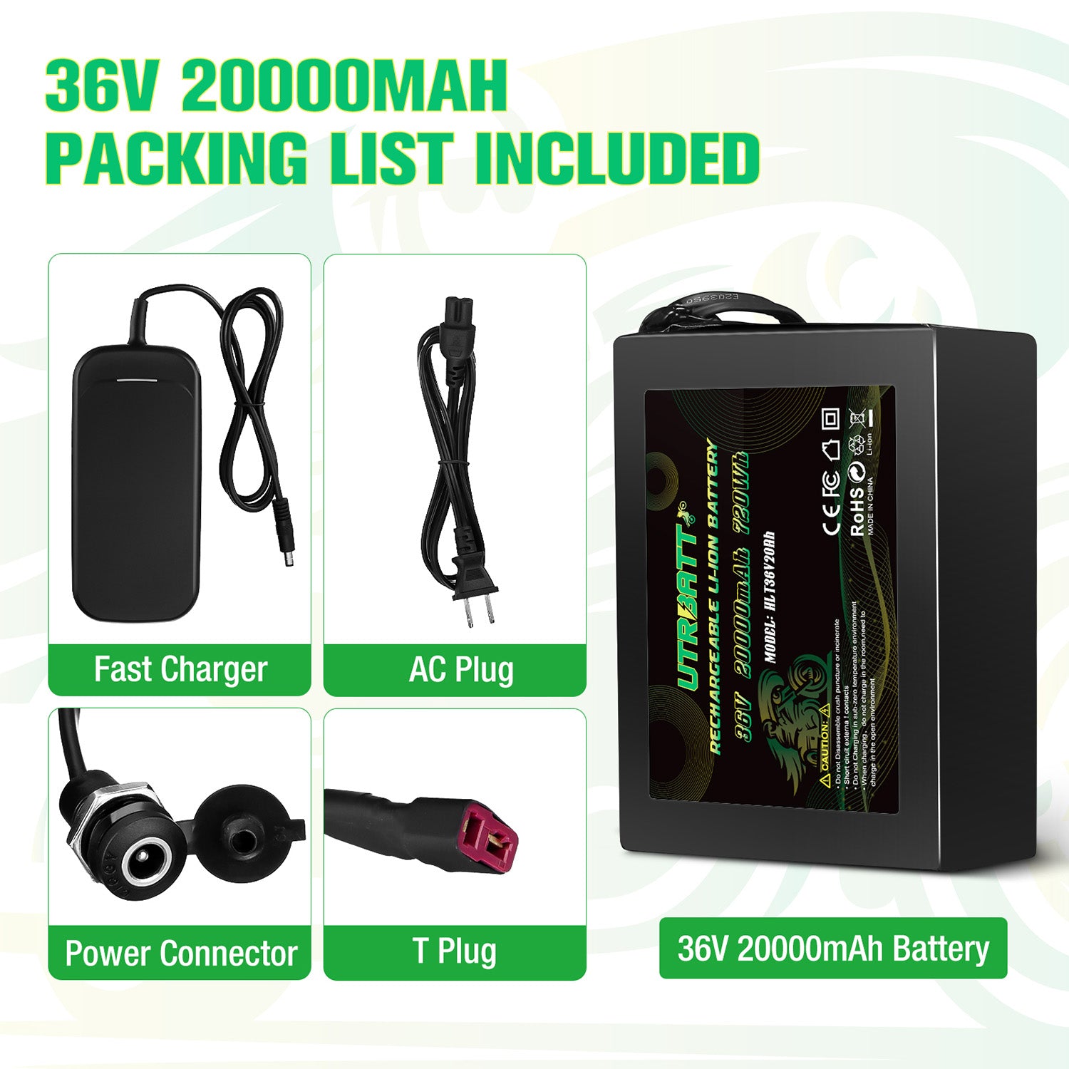 36V 20AH Li-ion Electric Bike Battery with 42V 2A Charger