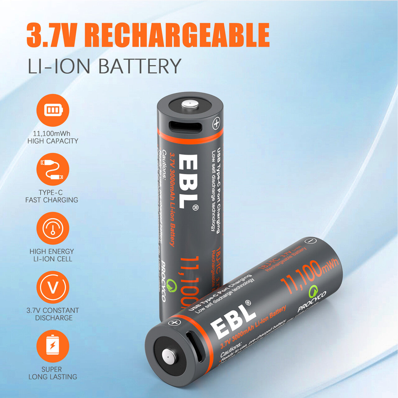 EBL 3.7V Rechargeable Batteries 3000mAh with USB Charging