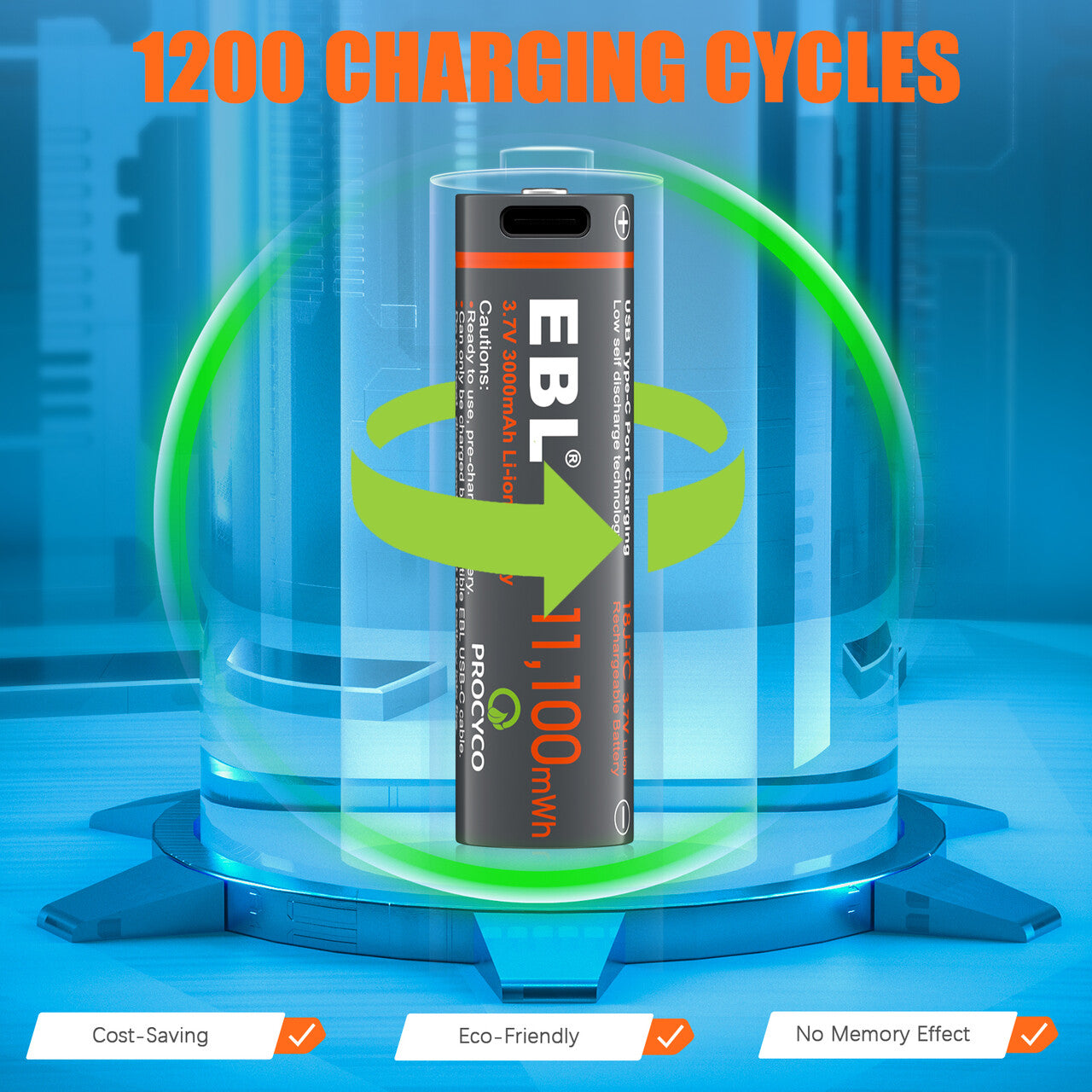 EBL 3.7V Rechargeable Batteries 3000mAh with USB Charging