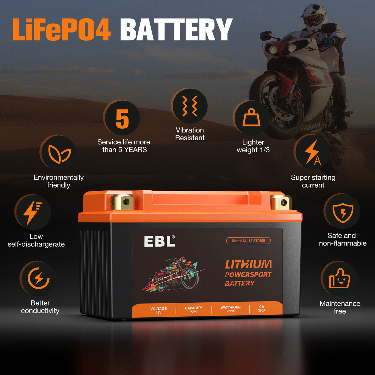 EBL Lithium Motorcycle Battery 12V-6Ah