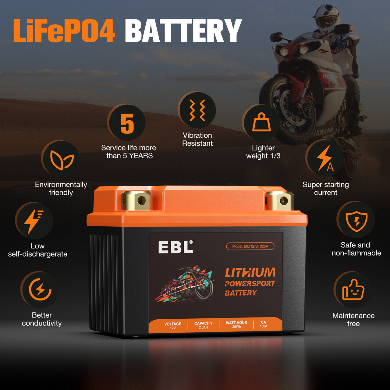 EBL Lithium Motorcycle Battery 12V-2.5Ah