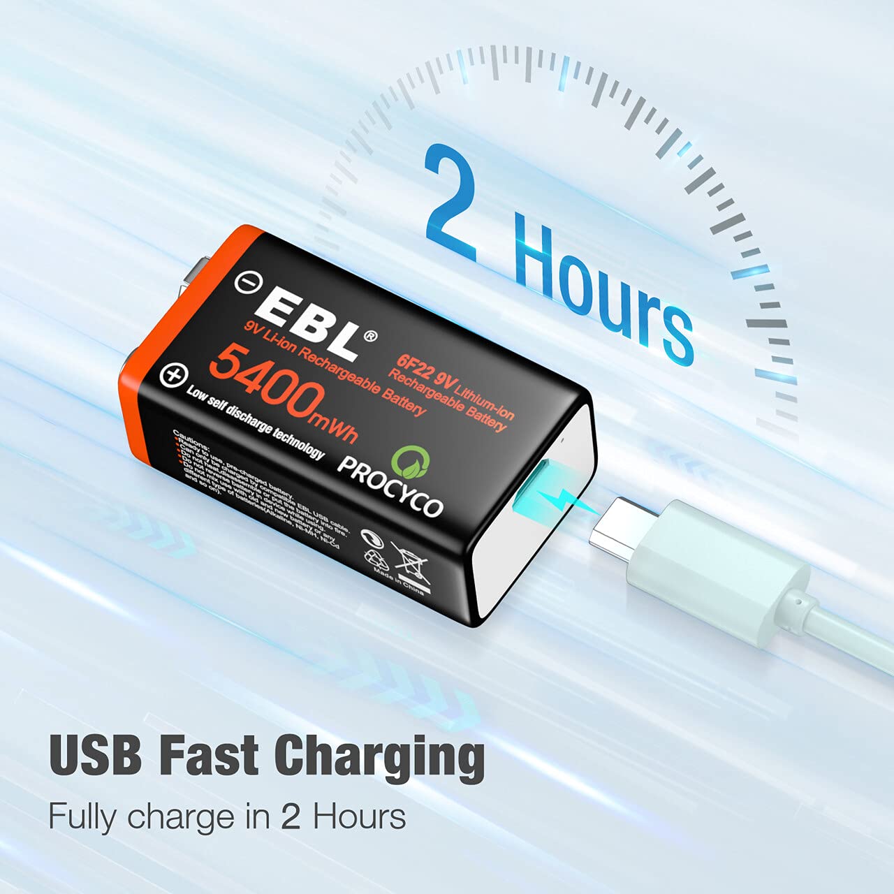 EBL USB Rechargeable 9V Lithium Batteries 5400mWh - Charging Cable Upgraded