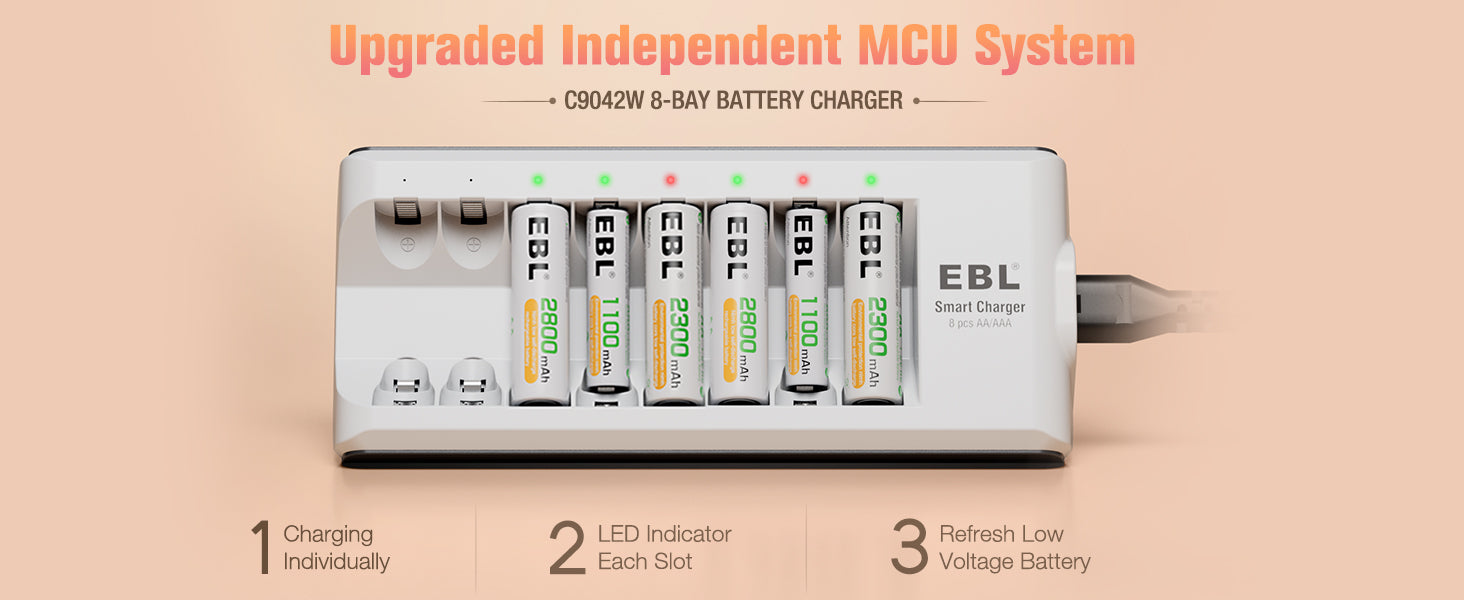 EBL 1.2V NiMH AA and AAA Batteries with 8-Bay Smart Battery Charger