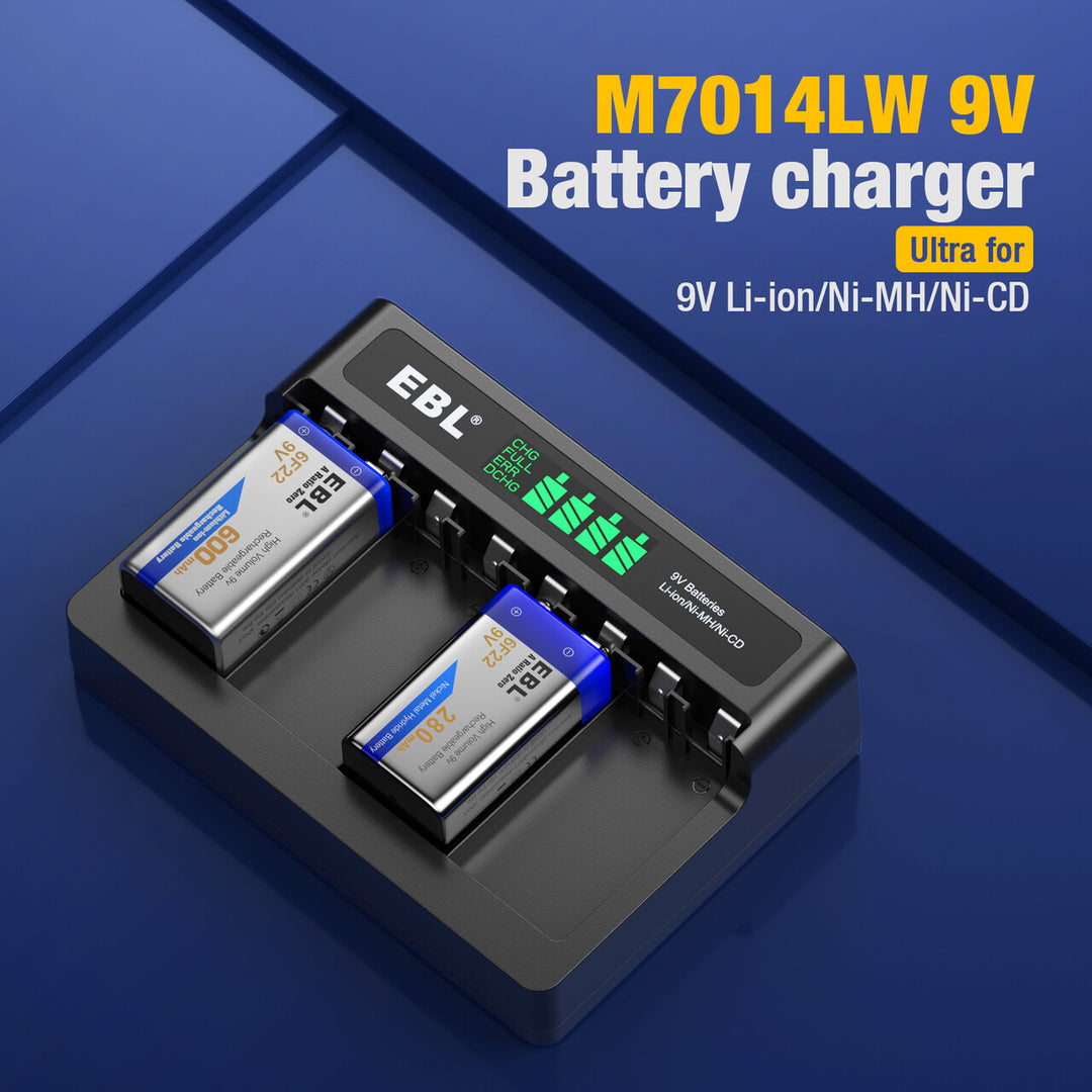 EBL 2-Pack 6F22 9V Battery 600mAh Lithium-ion Rechargeable