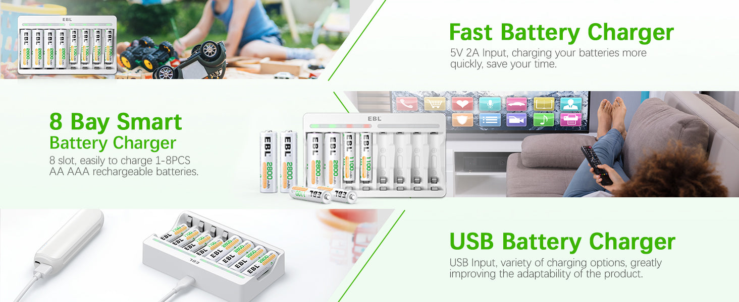 EBL 8-Bay AA AAA Rechargeable Battery Charger with NIMH AA AAA Batteries