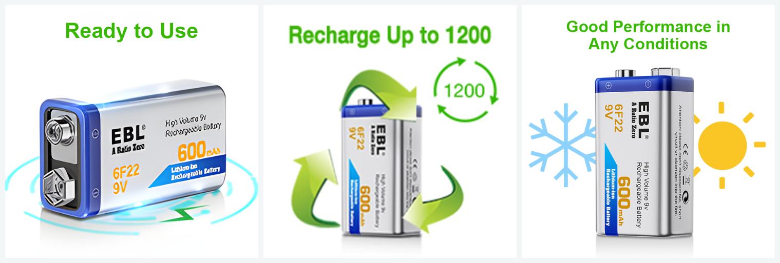 EBL Baterías recargables de 9 V Baterías de iones de litio de 9 voltios de  iones de litio de 600 mAh (4 paquetes) : Salud y Hogar 
