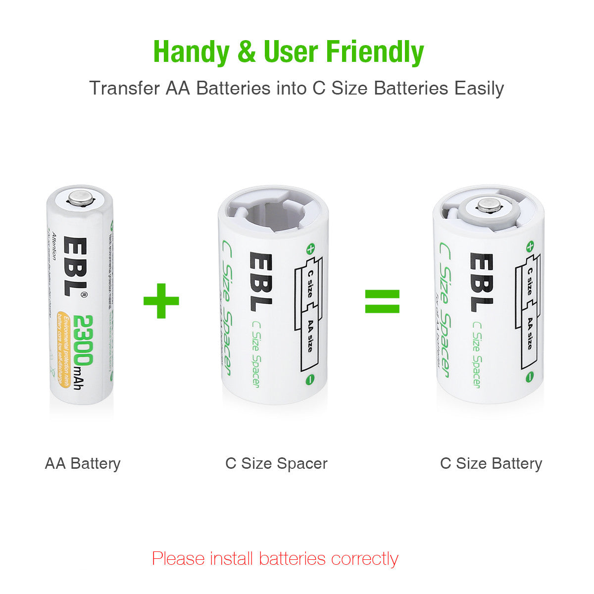 EBL AA to C Size Battery Spacer Converter Case