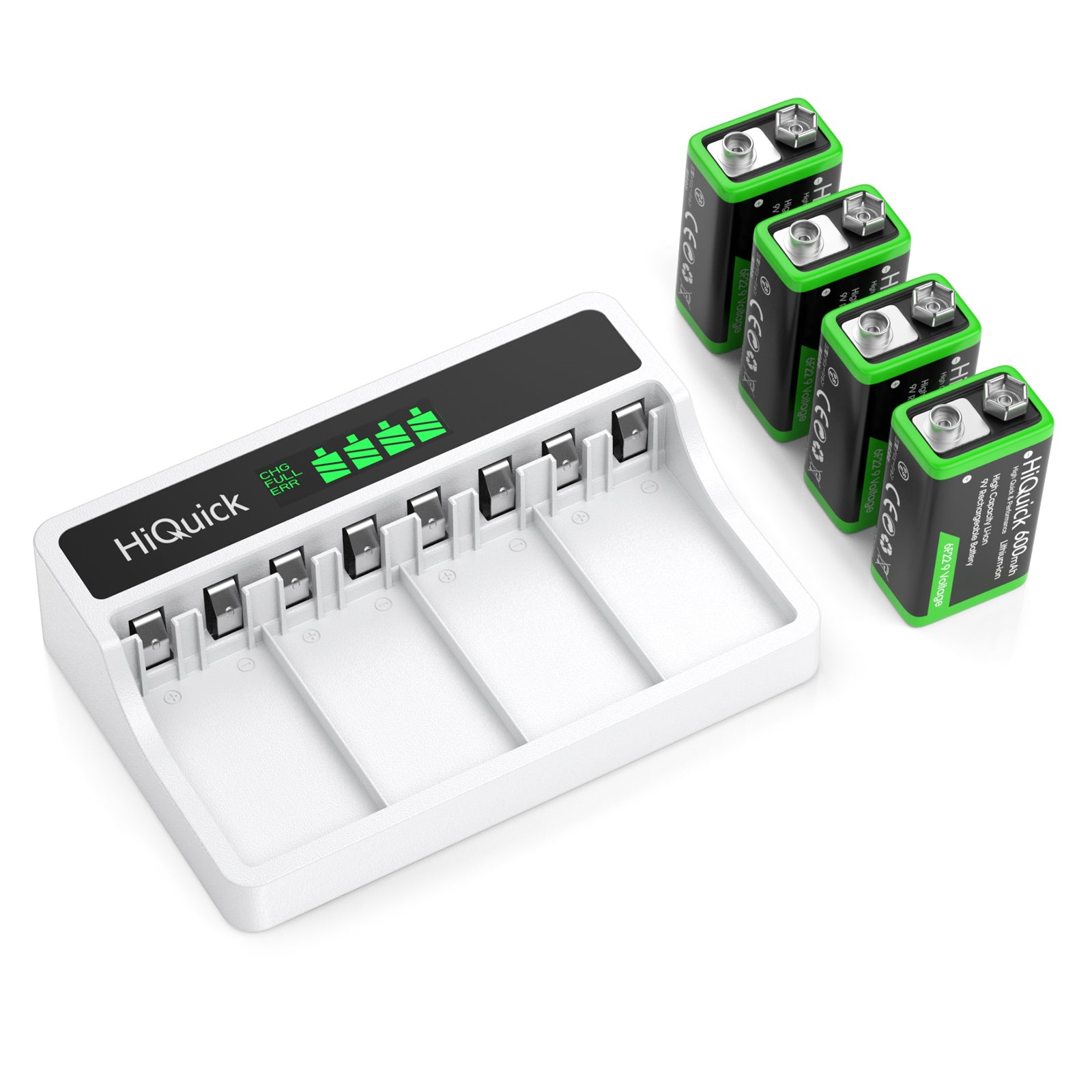 HiQuick 4 Packs 9V Li-Ion Batteries with LCD 9V Battery Charger