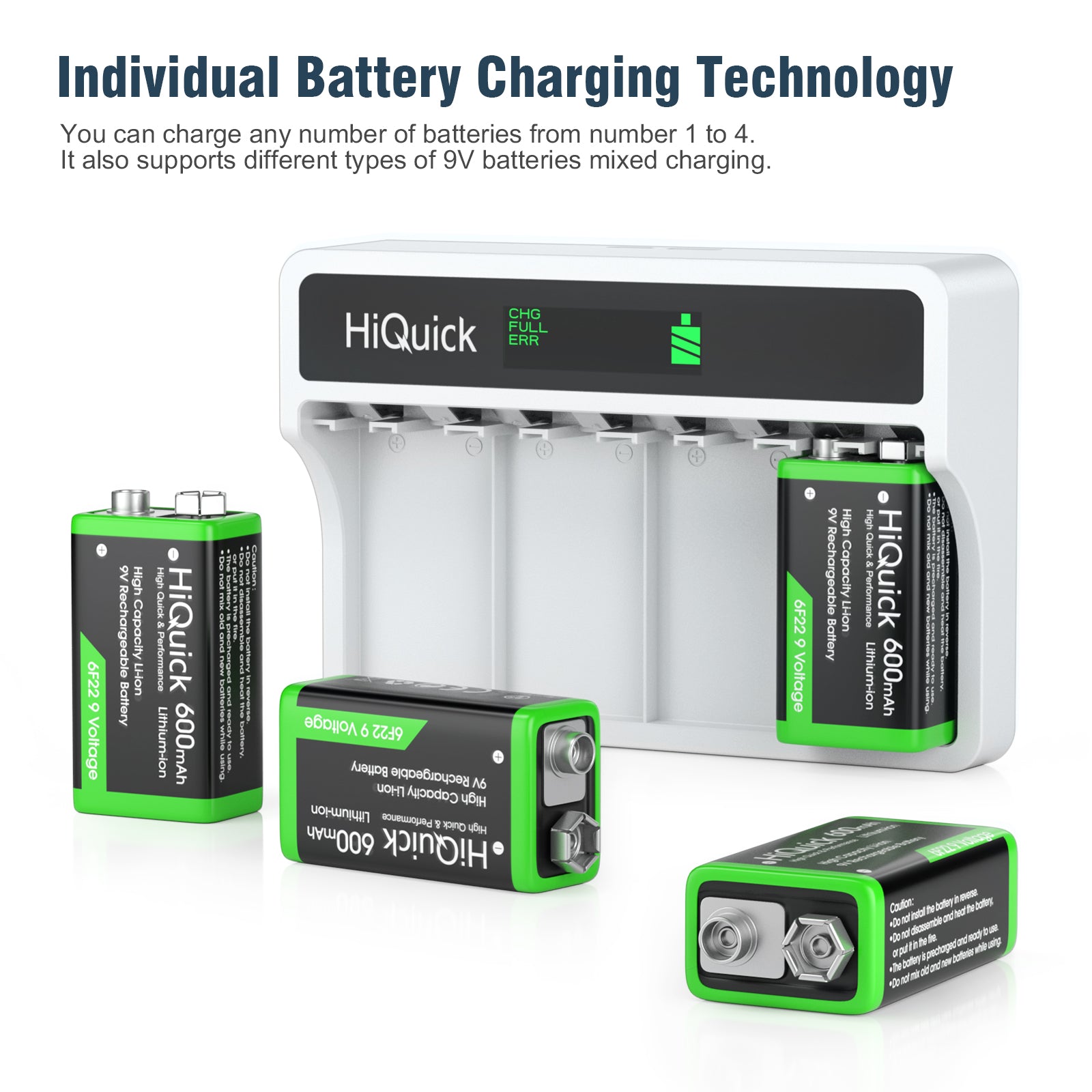 HiQuick 4 Packs 9V Li-Ion Batteries with LCD 9V Battery Charger