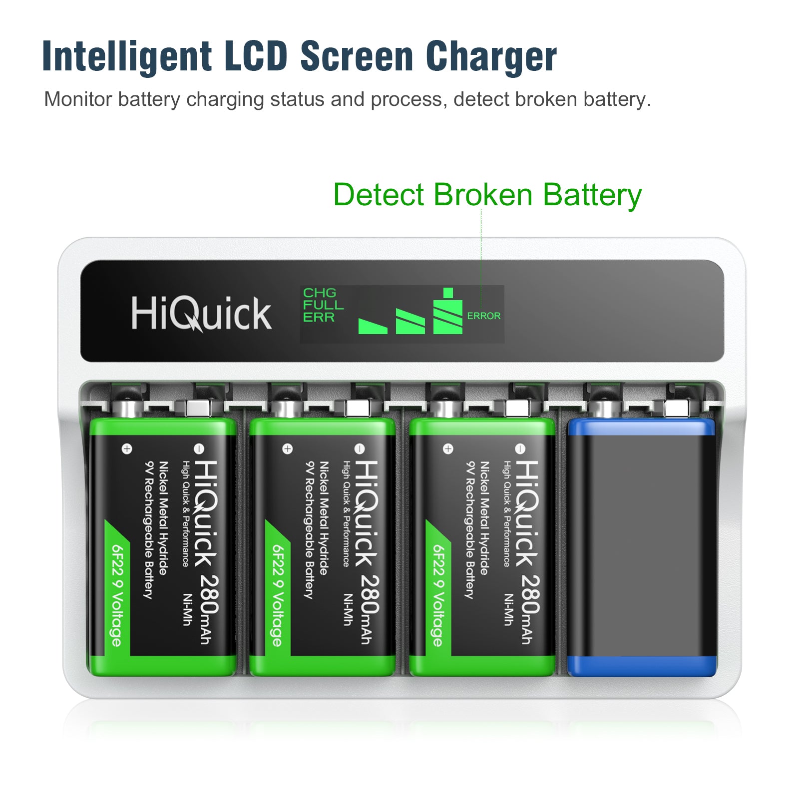 HiQuick 4 Packs 9V Ni-Mh Batteries with LCD 9V Battery Charger