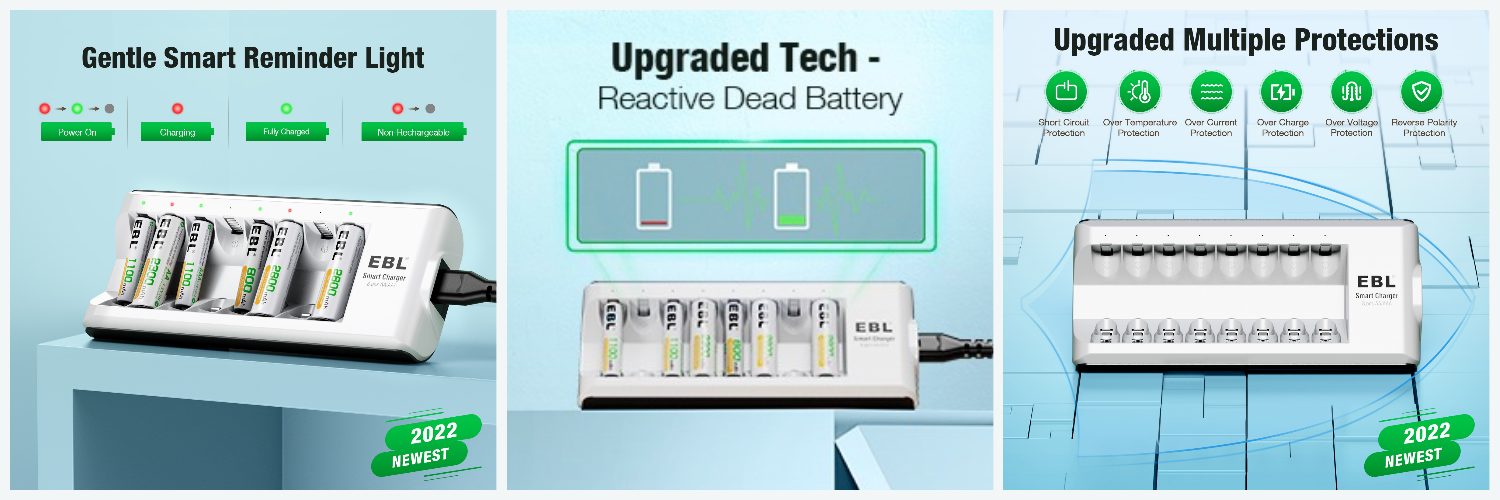 EBL Chargeur de batterie amélioré 8 baies intelligentes individuelles AA  AAA rechargeables Chargeur Ni-MH Ni-CD Disponible avec 8 piles AAA 800 mAh  Ni-MH 1,2 V