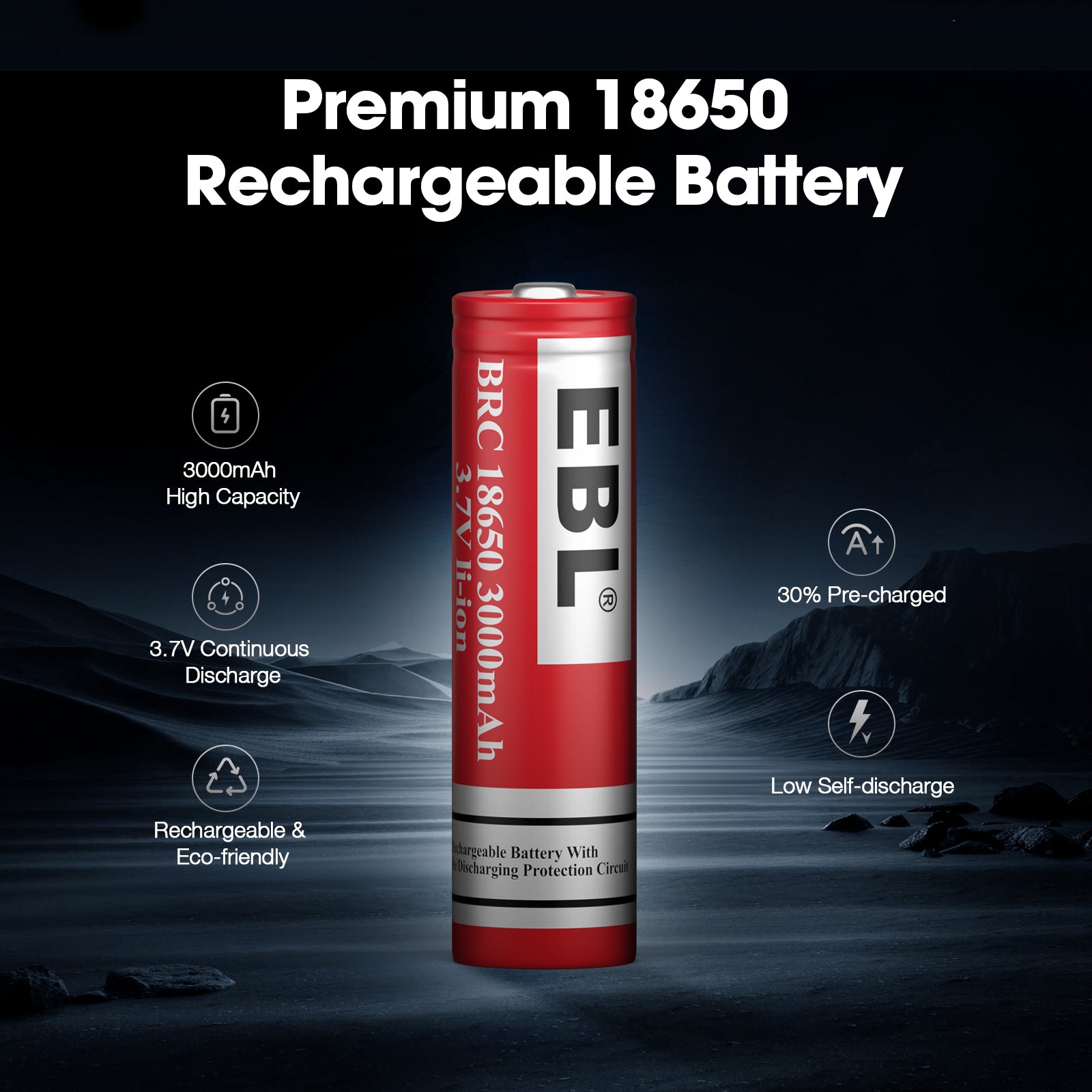 EBL BRC 18650 Rechargeable Battery 3000mAh - Protected Button Top