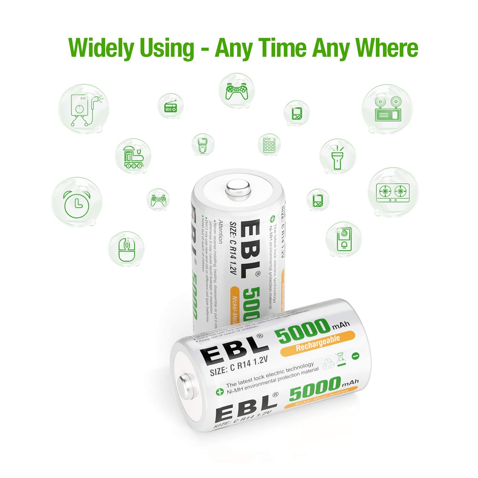 EBL Rechargeable Ni-MH C Battery Cells 5000mAh