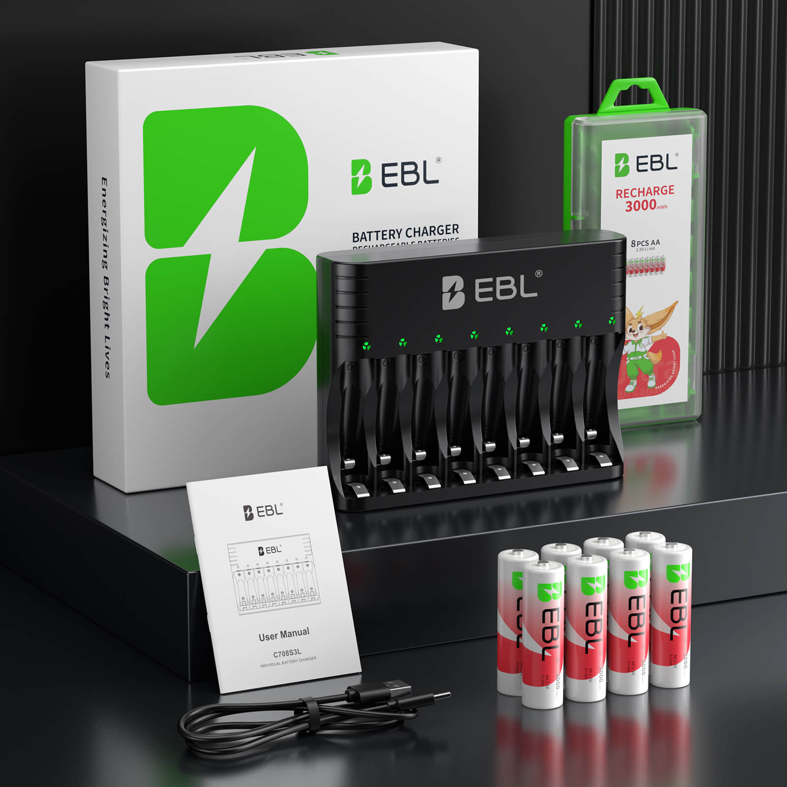 EBL Rechargeable Lithium AA Batteries with Universal Battery Charger