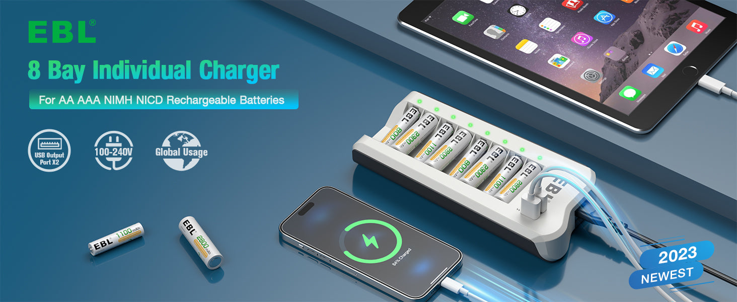 EBL 808U Smart 8-Bay Individual Rechargeable Battery Charger with AAA AA Batteries