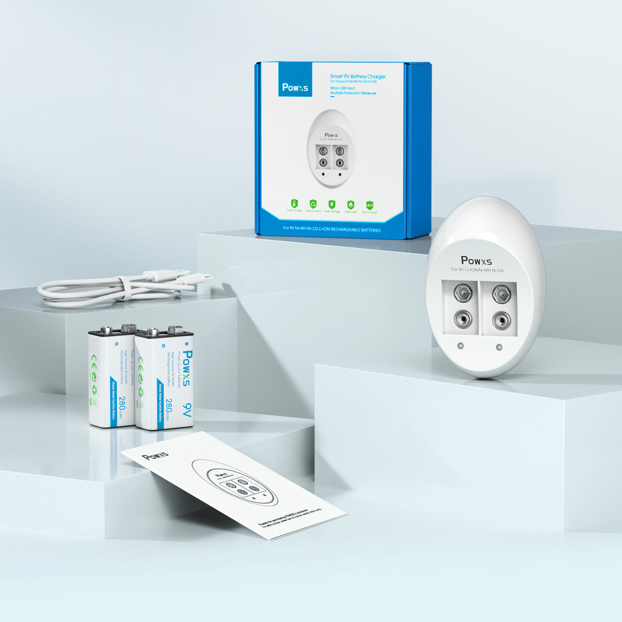 POWXS Rechargeable 9v Batteries with Charger