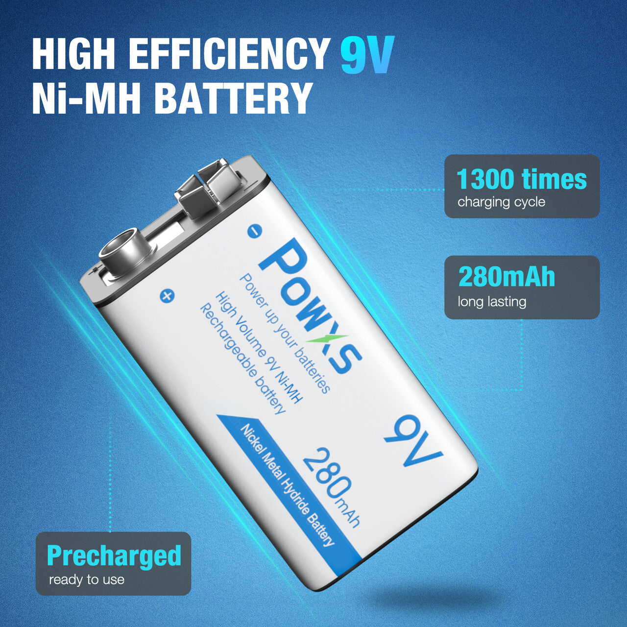 POWXS 9V Battereis Charger and 280mAh 9V Ni-MH Rechargeable Batteries