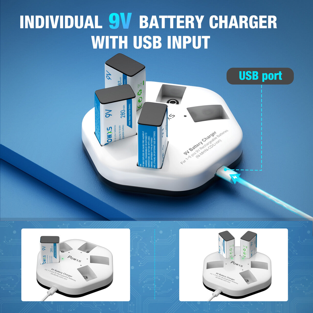 POWXS 9V Battereis Charger and 280mAh 9V Ni-MH Rechargeable Batteries