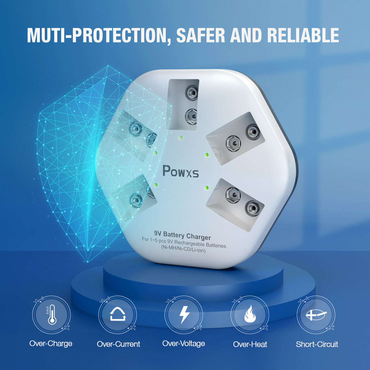 POWXS 9V Battereis Charger and 280mAh 9V Ni-MH Rechargeable Batteries