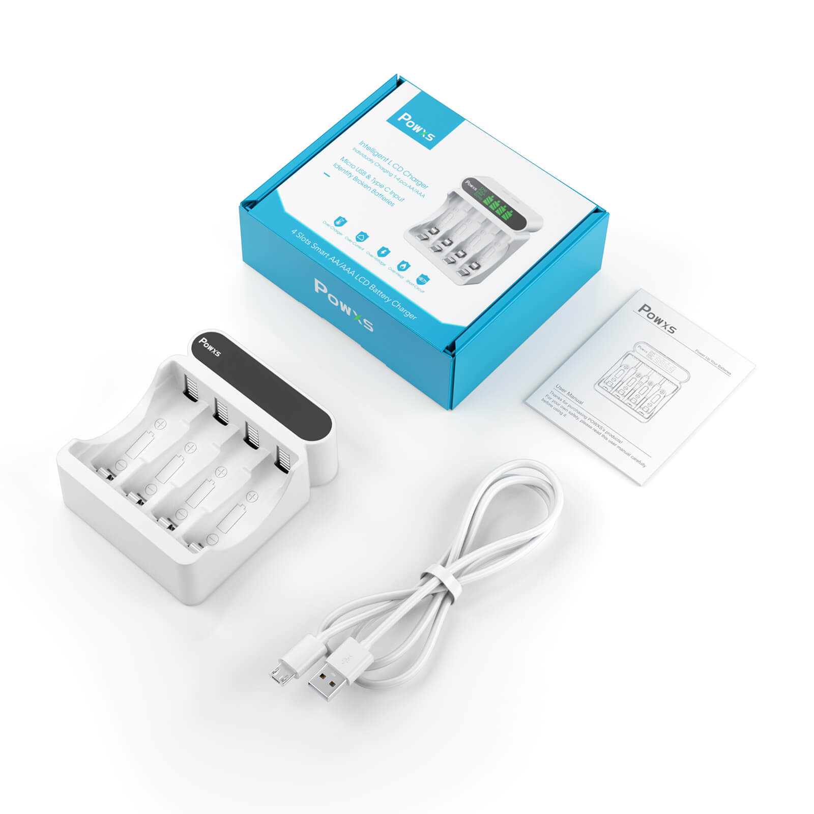 POWXS 4 Bay AA AAA USB Rapid Charger with a LCD Panel