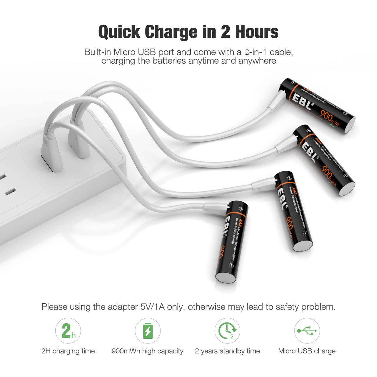 EBL 4-Pack 1.5V AAA Lithium Rechargeable Batteries With USB Ports