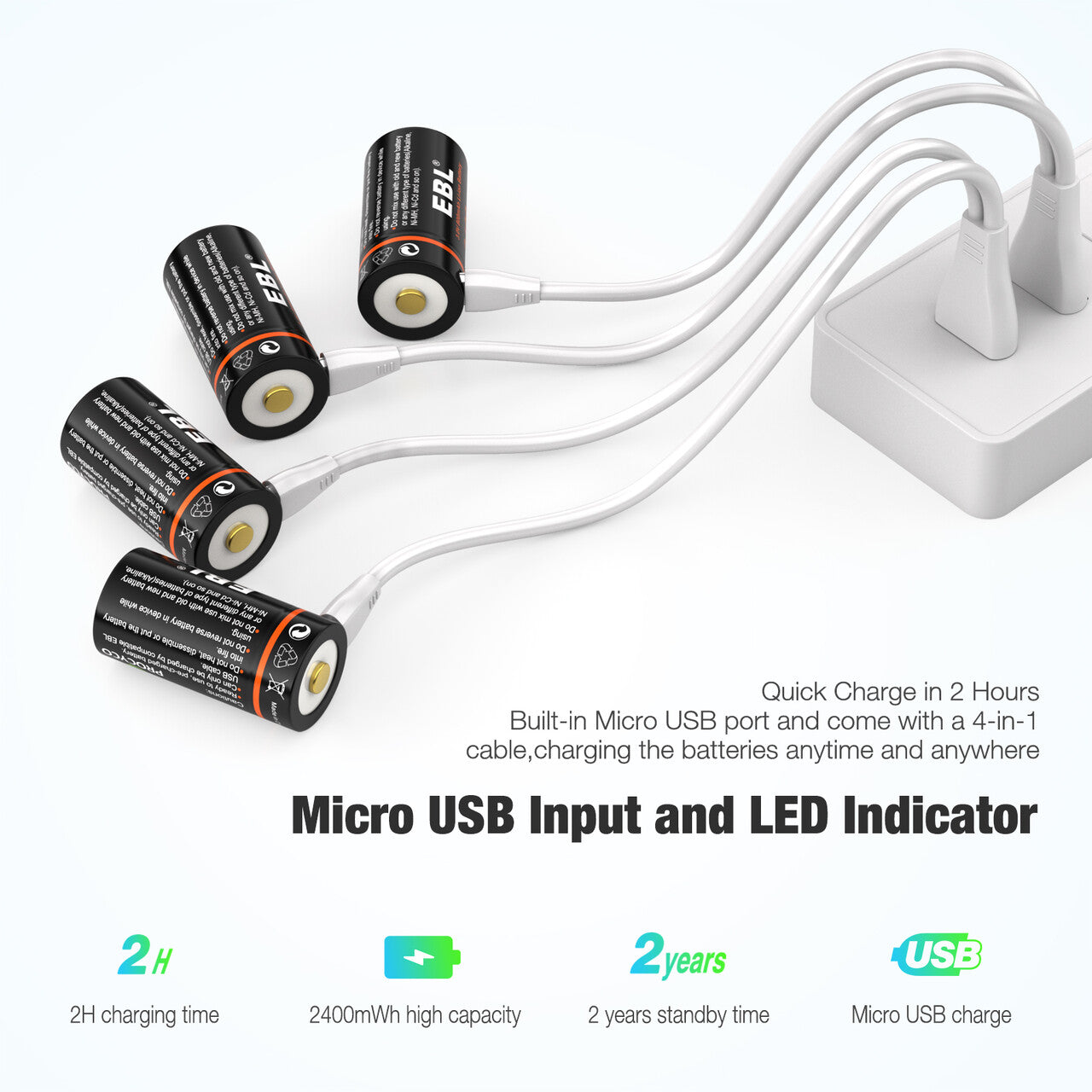 EBL 4 Pack CR123A 3V Lithium Battery 2400mWh with Micro USB Cable