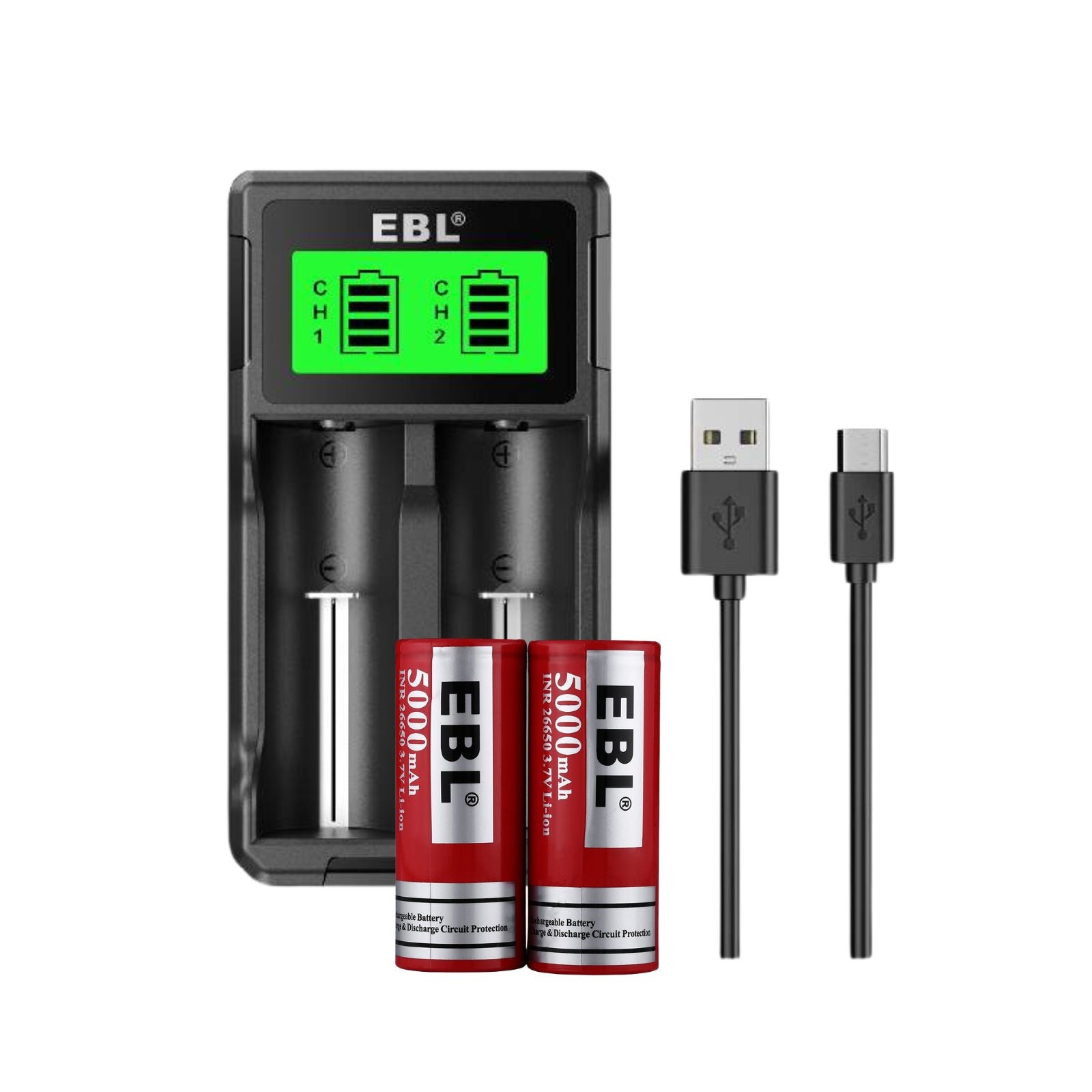 EBL 2Pcs 26650 Rechargeable Batteries with SW-3K Battery Charger