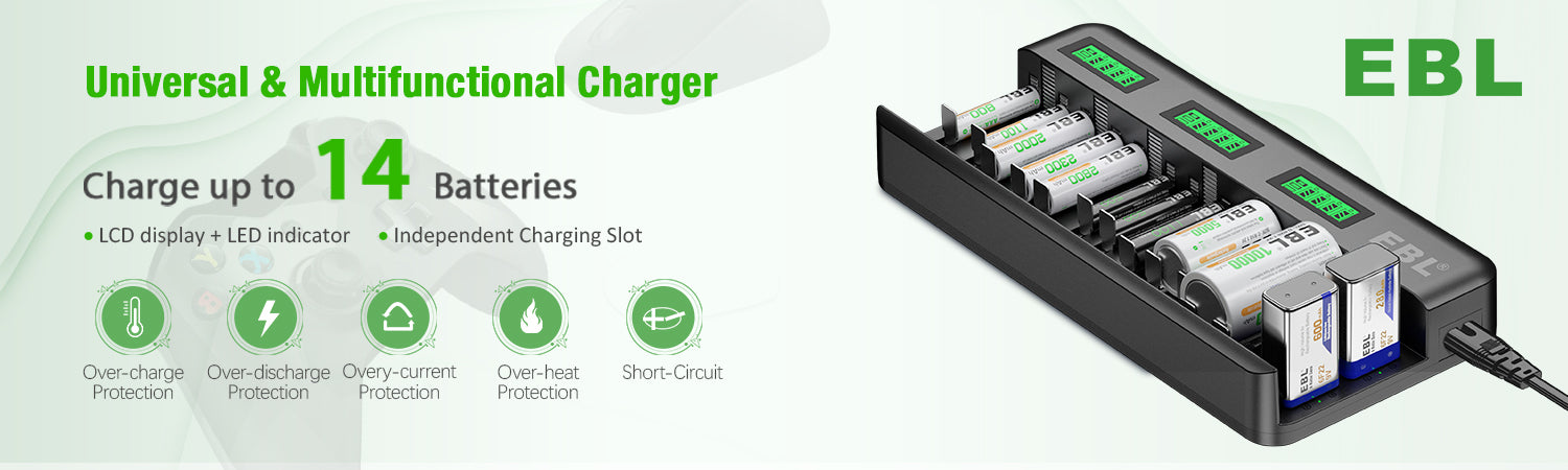 EBL 12+2 Bay Universal Battery Charger for AA AAA C D 9V Batteries