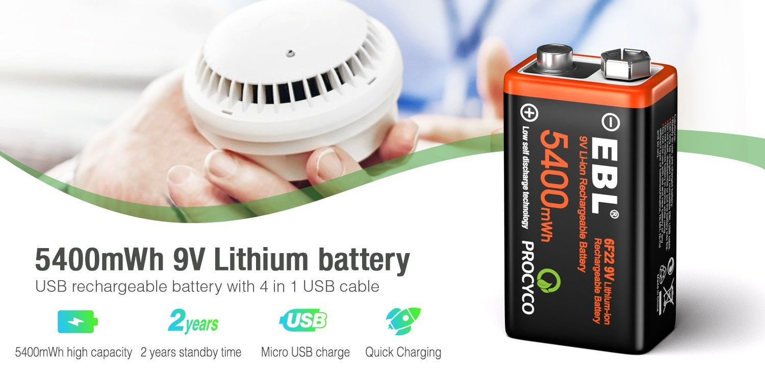 EBL USB Rechargeable 9V Li-ion Batteries 5400mWh