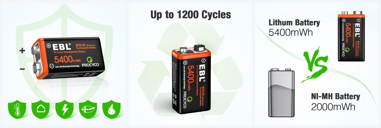 EBL Lot de 2 piles rechargeables 9 V – Batterie rechargeable 5 400 mWH 9 V  avec câble