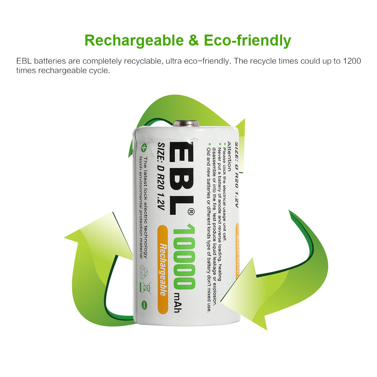 EBL Rechargeable D Batteries 10000mAh New Retail Package