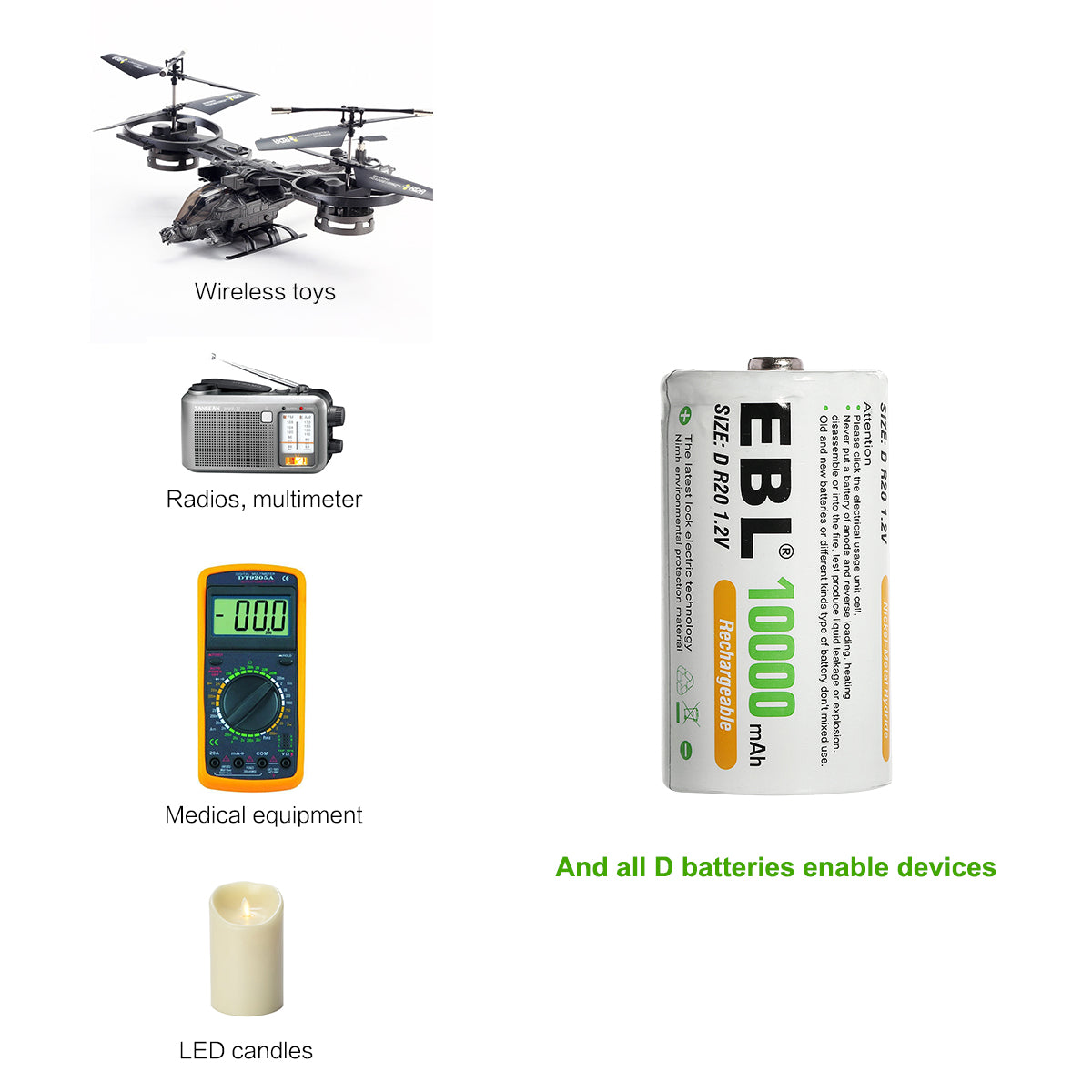 EBL Rechargeable D Batteries 10000mAh New Retail Package