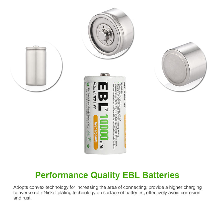 EBL Rechargeable D Batteries 10000mAh New Retail Package