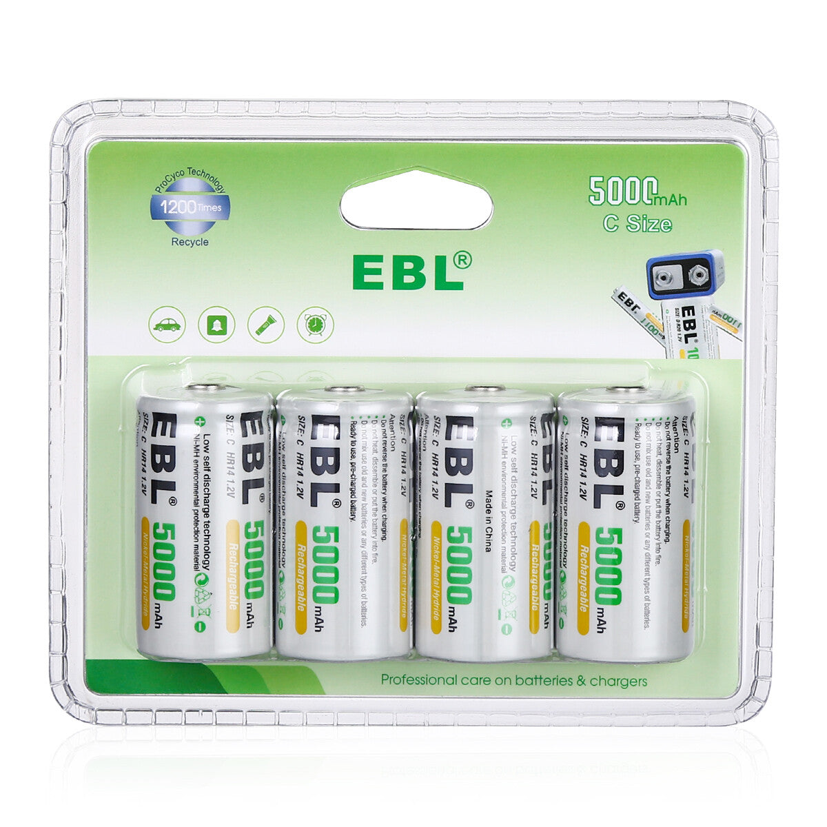 EBL 4 Pack Rechargeable C Batteries 5000mAh New Retail Package