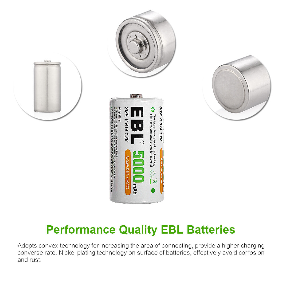 EBL 4 Pack Rechargeable C Batteries 5000mAh New Retail Package