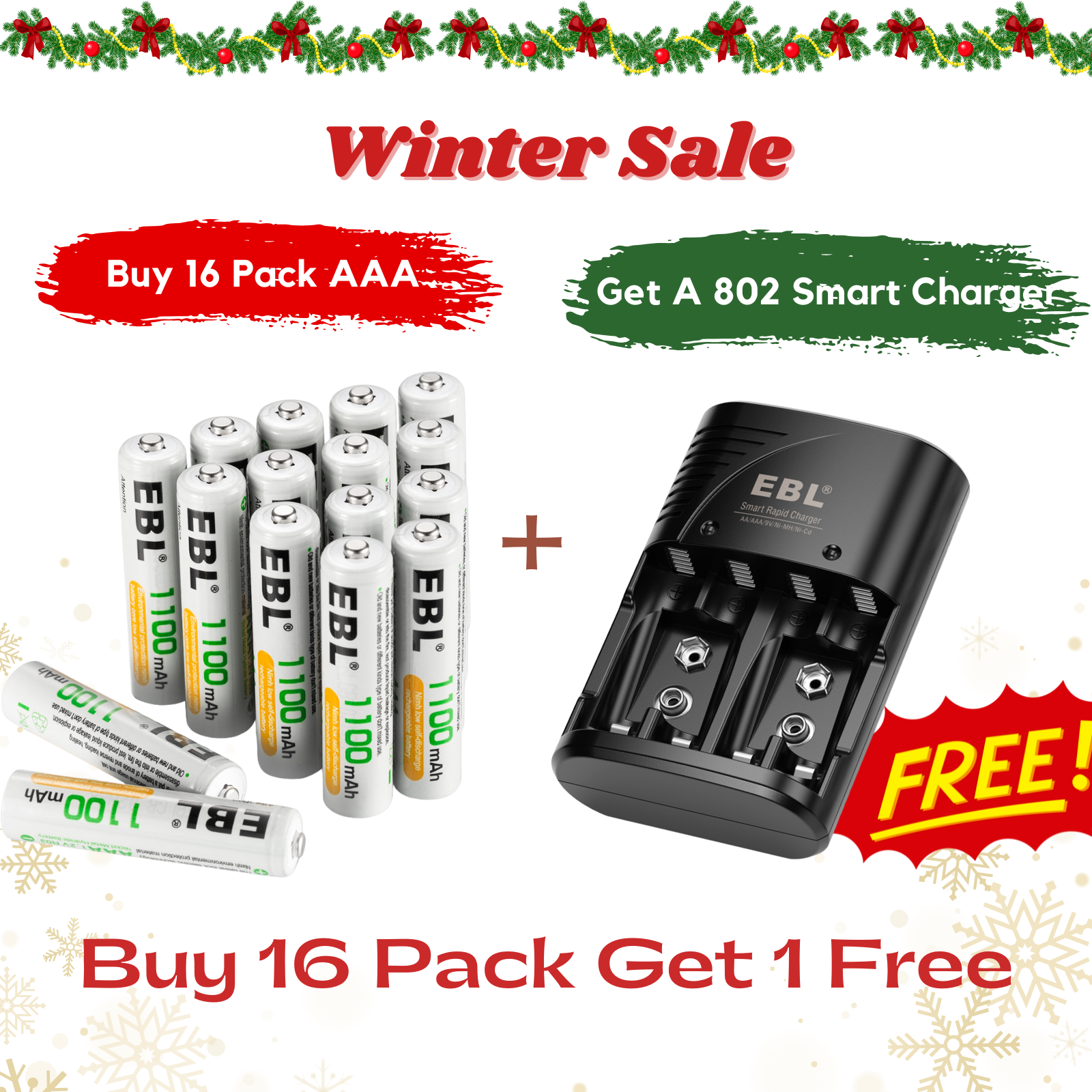 【Winter Sale】EBL 16 Pack NIMH AA AAA Rechargeable Batteries