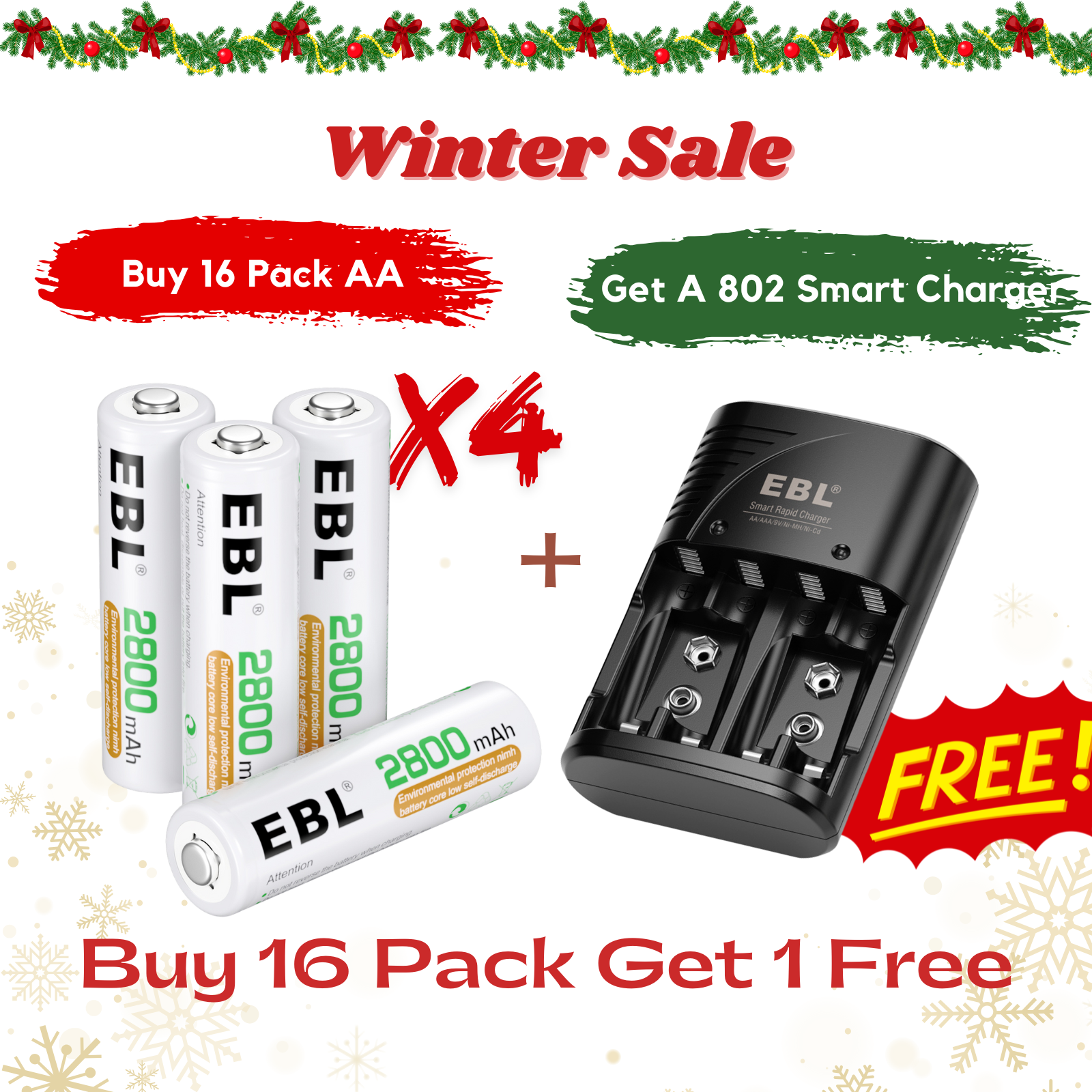 【Winter Sale】EBL 16 Pack NIMH AA AAA Rechargeable Batteries