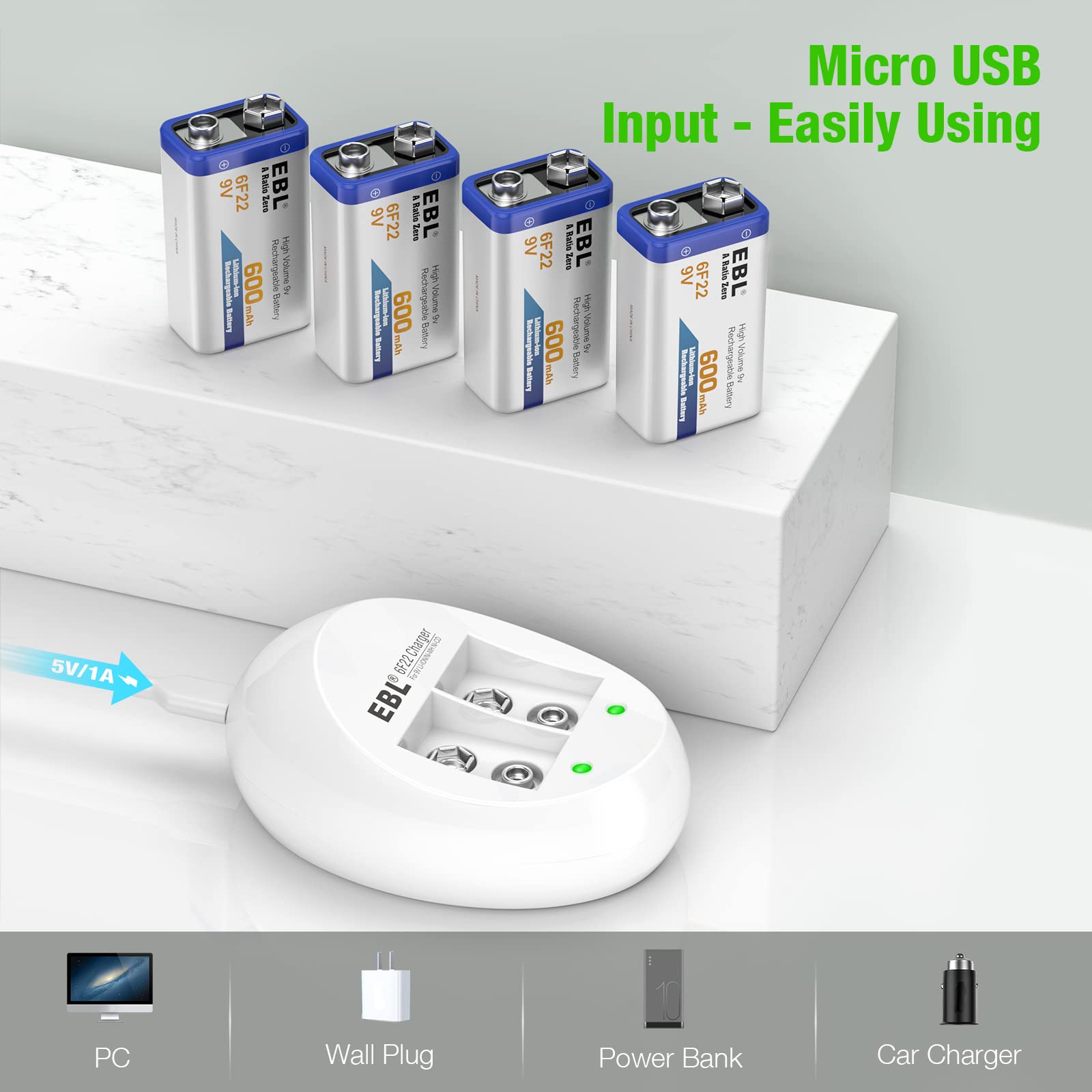 Cargador de batería inteligente EBL de 2 bahías de 9 V