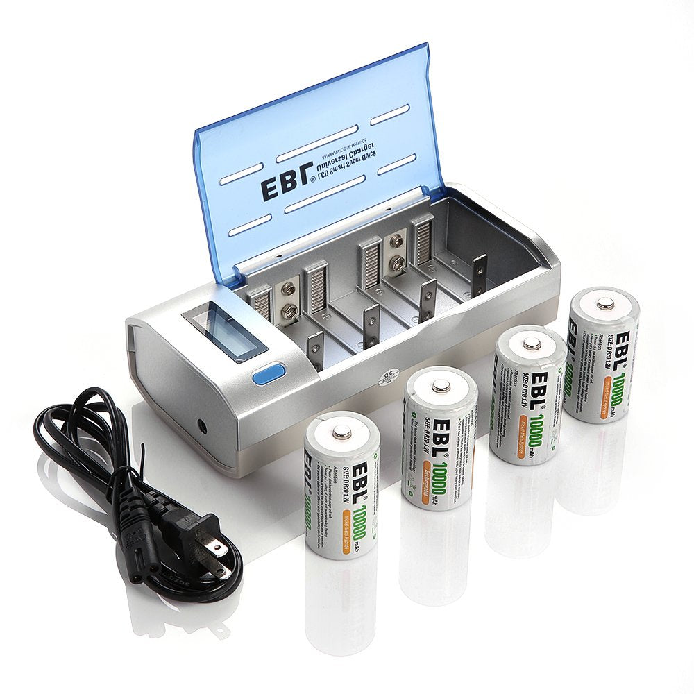 EBL 906 Battery Charger with C D Rechargeable Batteries 4 Packs