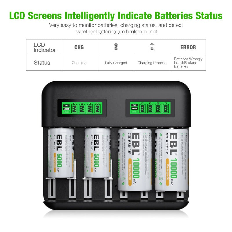 EBL C9008 LCD Battery Charger with C D Rechargeable Batteries