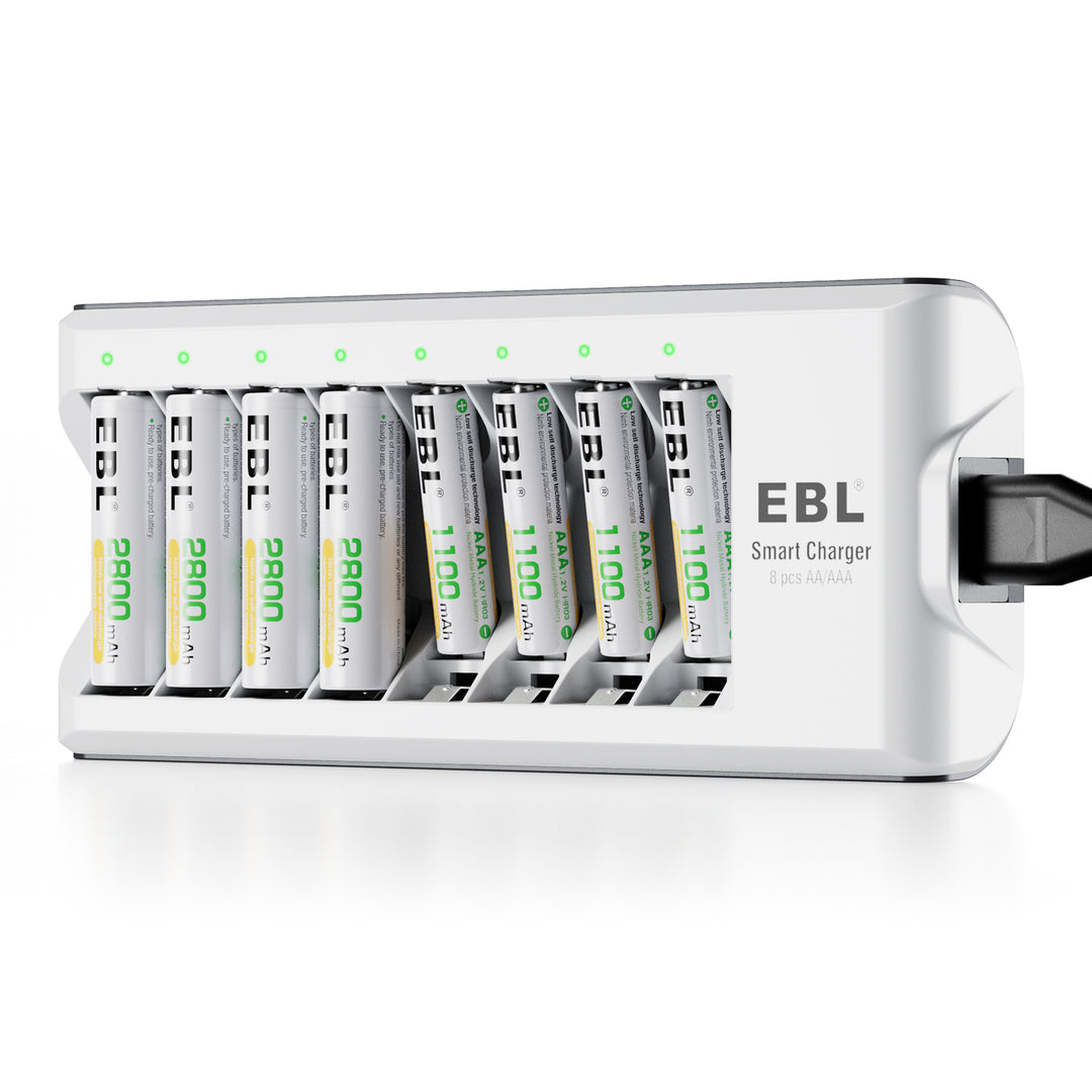 EBL 8 Pcs 2800mAh Ni-MH AA Rechargeable Batteries and 808U AA AAA Battery  Charger with 2 USB Charging Ports 