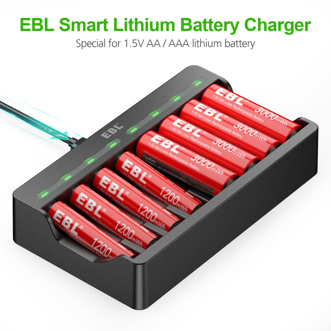  EBL Rechargeable AA Batteries and Battery Charger with Built-in  Cable, 8 Pack of 2300mAh Long Lasting Ni-MH Double A Batteries and 8-Bay  LCD Smart AA AAA Battery Charger : Electronics
