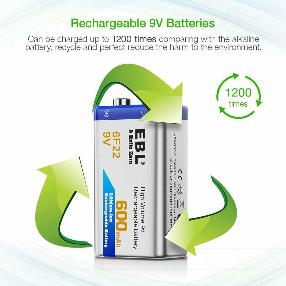 EBL 4 Pack 6F22 Lithium Battery 600mAh 9V Li-ion Rechargeable Batteries +  USB Battery Charger for 9V Li-ion Rechargeable Batteries Battery 9 Volt  6F22 