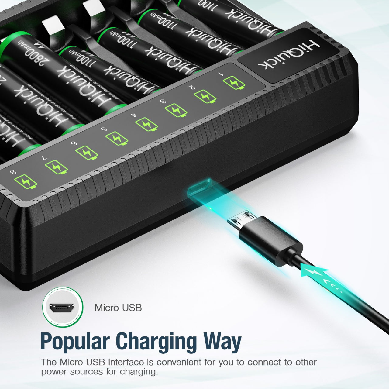 HiQuick 8 Bay Smart Battery Charger with AA & AAA Rechargeable Batteries